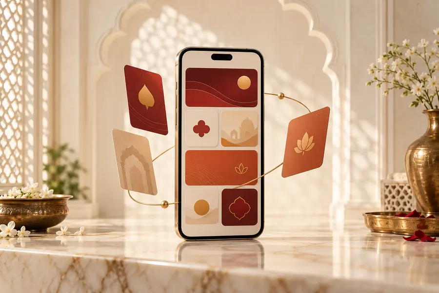 Warm ivory Rummy Mars mobile app concept with Indian geometric details