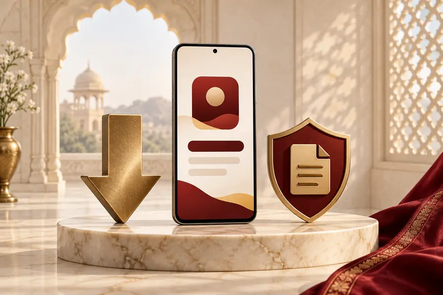 Rummy Mars download and APK safety artwork with a phone, secure file and brass arrow