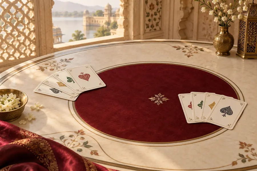 Elegant rummy card table artwork with Indian ivory, garnet and brass styling