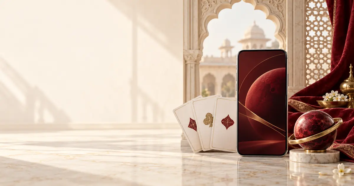 Premium Rummy Mars India card and mobile artwork in warm ivory, garnet and gold